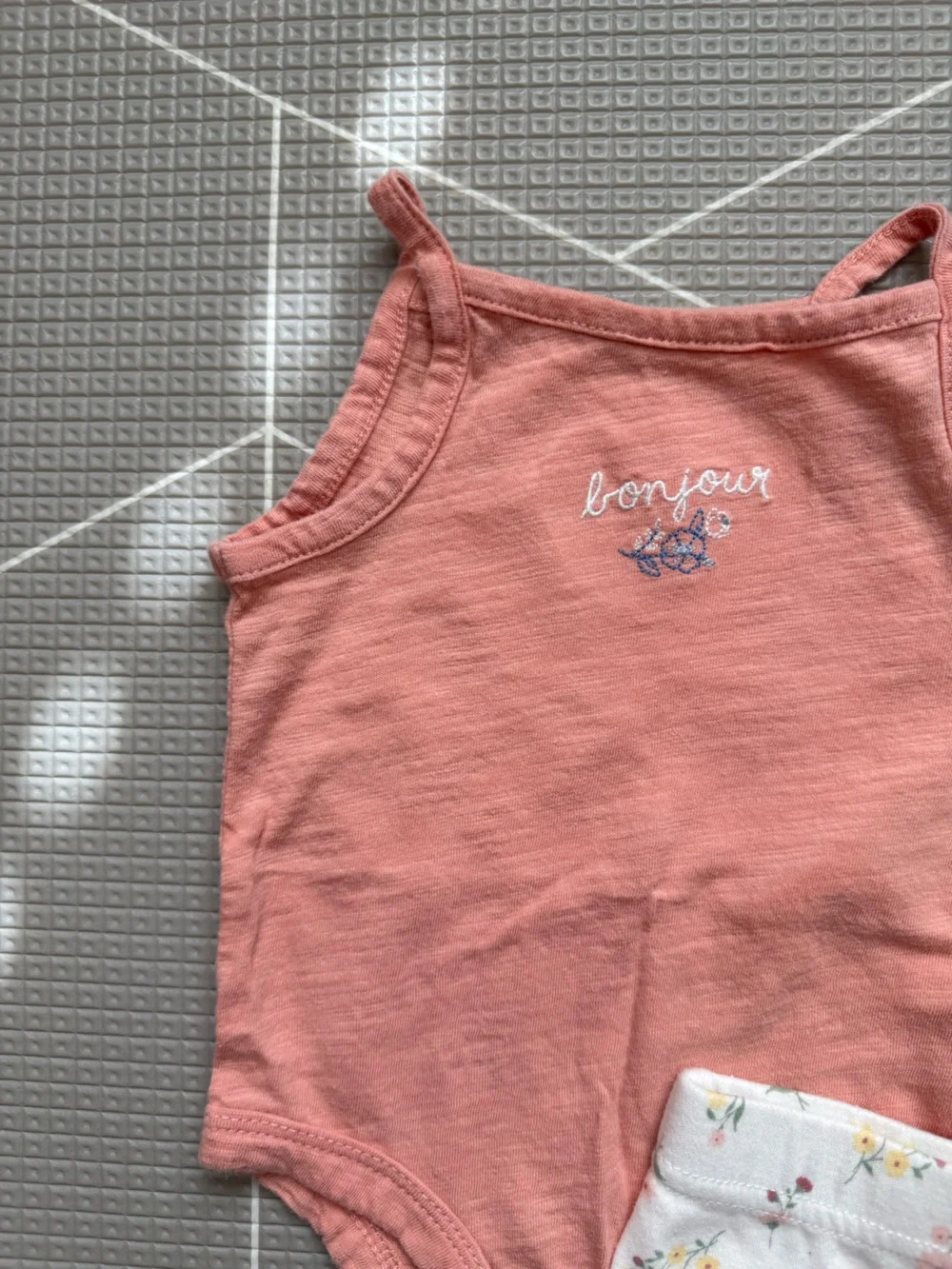 Carter's Coral 'bonjour' Tank Bodysuit with White Floral Leggings Set